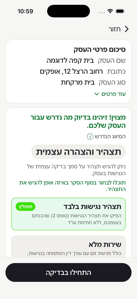 מסך בעסק נגיש: פרטי בית קפה לדוגמה, והסיווג שנמצא לו: תצהיר והצהרה עצמית.